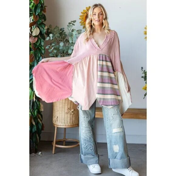 Oli & Hali Washed Mixed Media V Neck Pointed Hem Babydoll Top Pink Oversized Siz - Picture 7 of 9